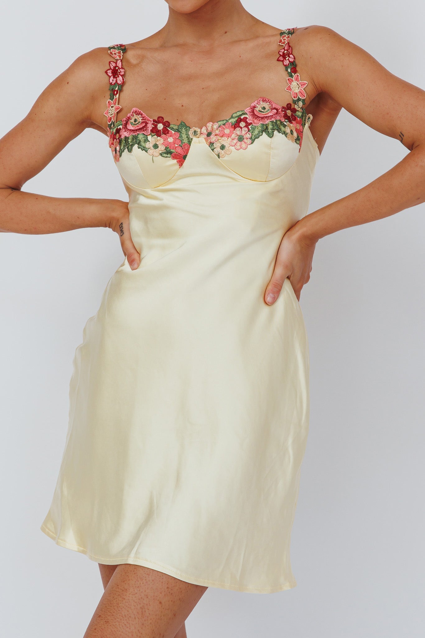 Rose Garden Floral Applique Mini Dress Yellow by Selfie Leslie