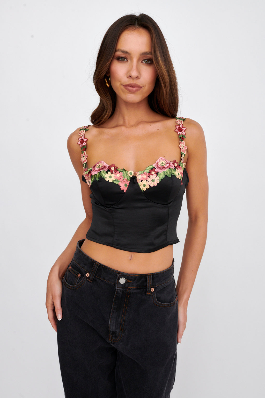 Rose Garden Floral Applique Crop Top Black by Selfie Leslie