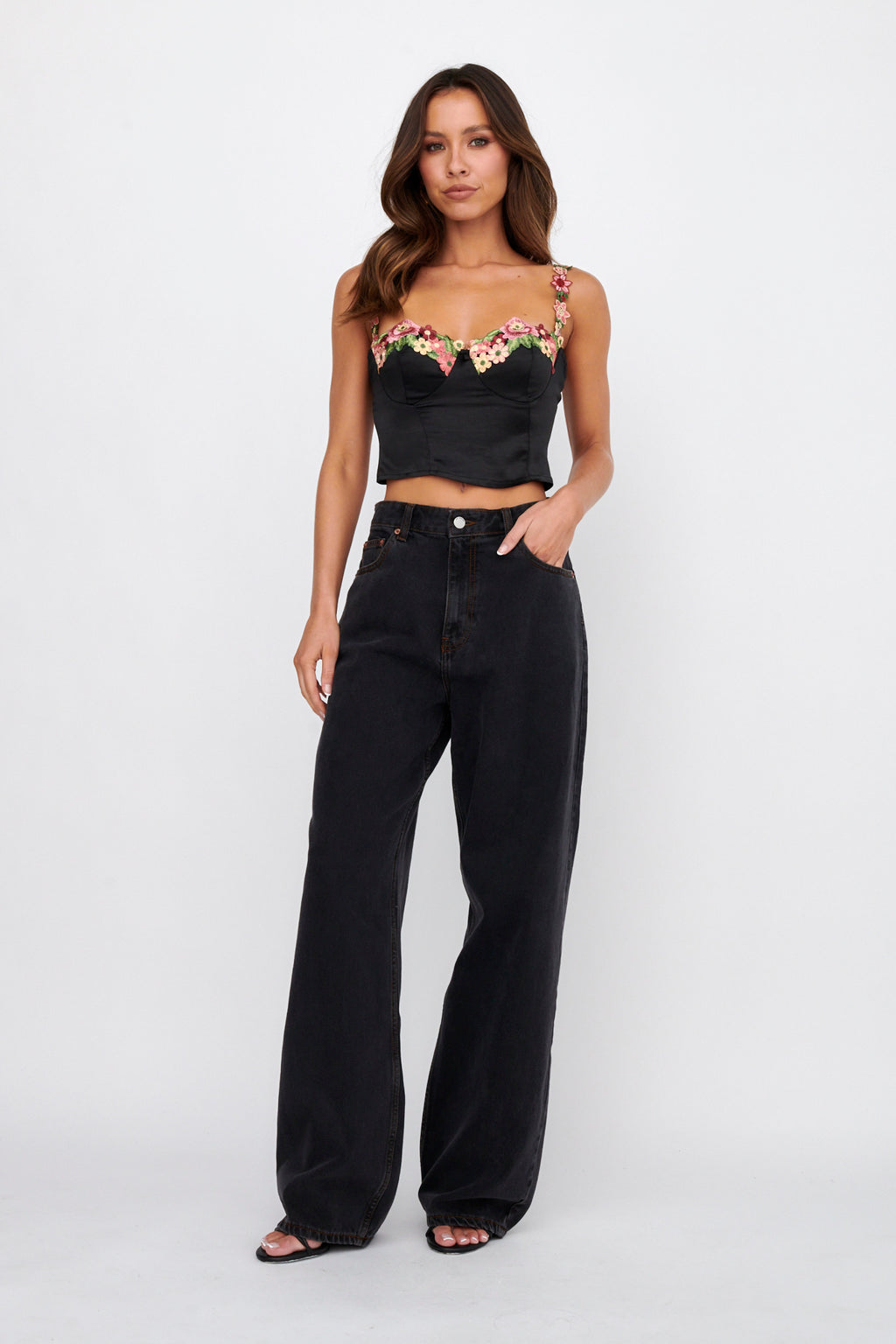 Rose Garden Floral Applique Crop Top Black by Selfie Leslie