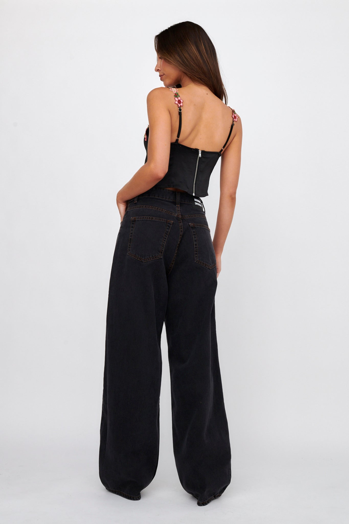 Rose Garden Floral Applique Crop Top Black by Selfie Leslie