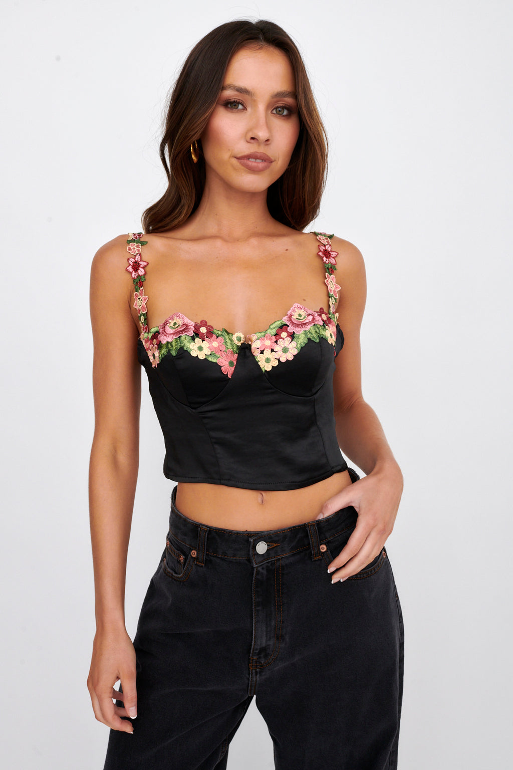 Rose Garden Floral Applique Crop Top Black by Selfie Leslie