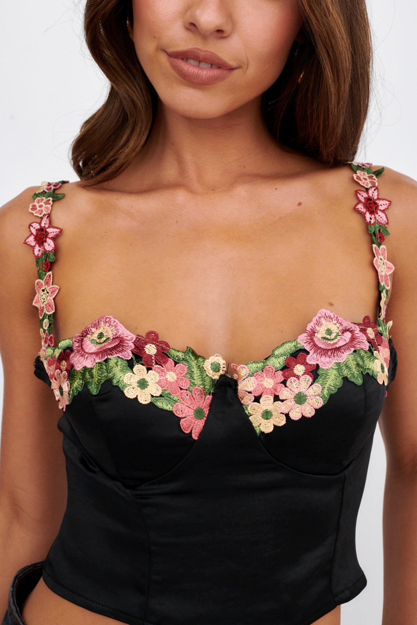 Rose Garden Floral Applique Crop Top Black by Selfie Leslie