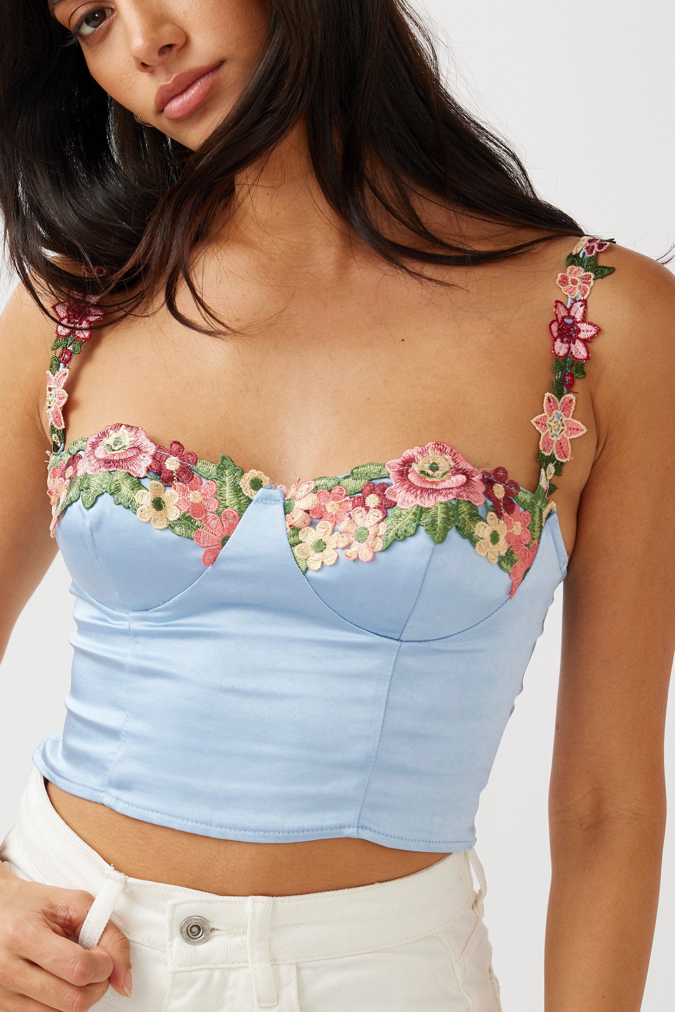 Rose Garden Floral Applique Crop Top Blue by Selfie Leslie