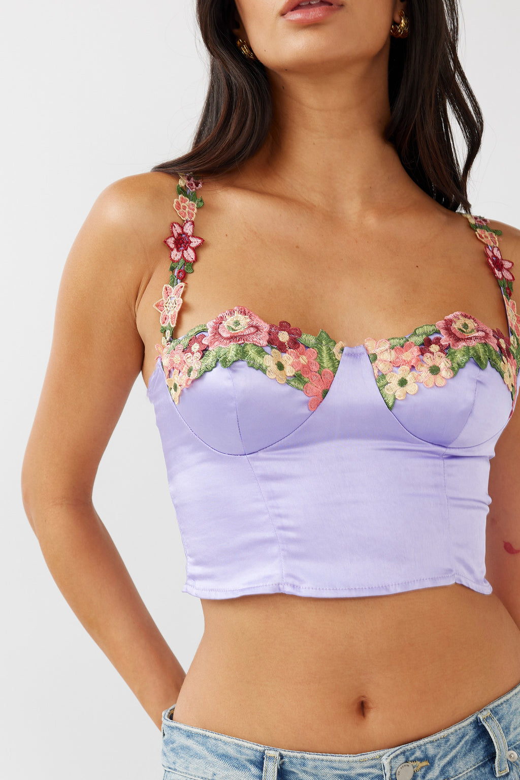 Rose Garden Floral Applique Crop Top Lilac by Selfie Leslie