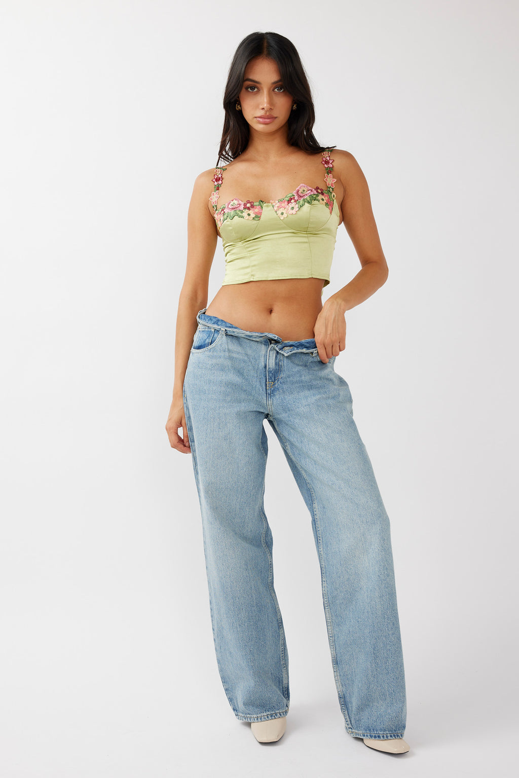 Rose Garden Floral Applique Crop Top Lime by Selfie Leslie