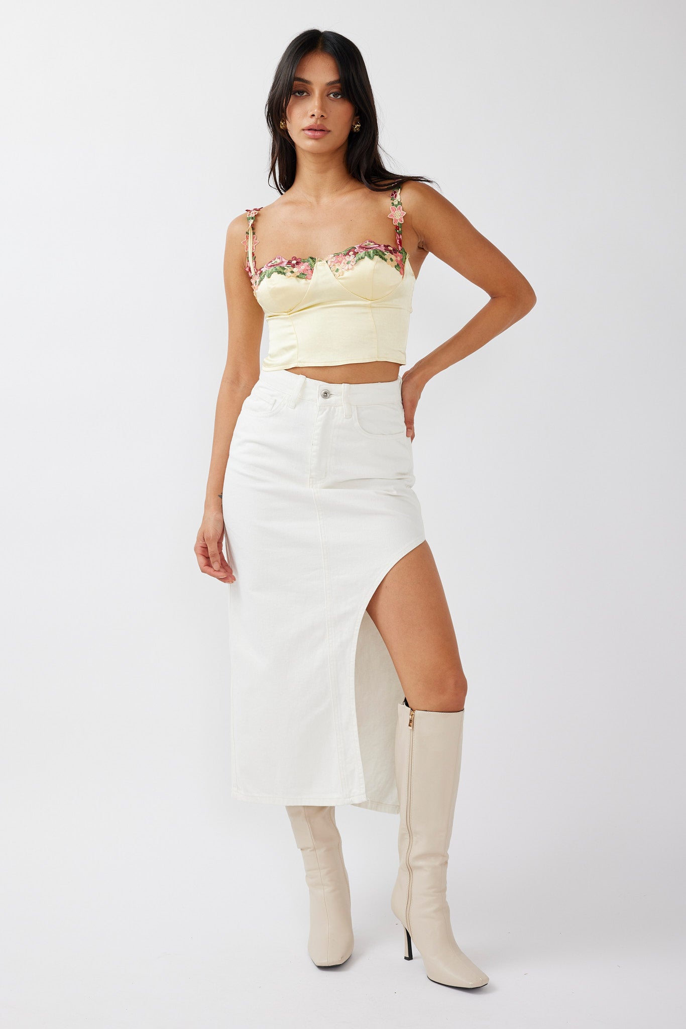 Rose Garden Floral Applique Crop Top Yellow by Selfie Leslie