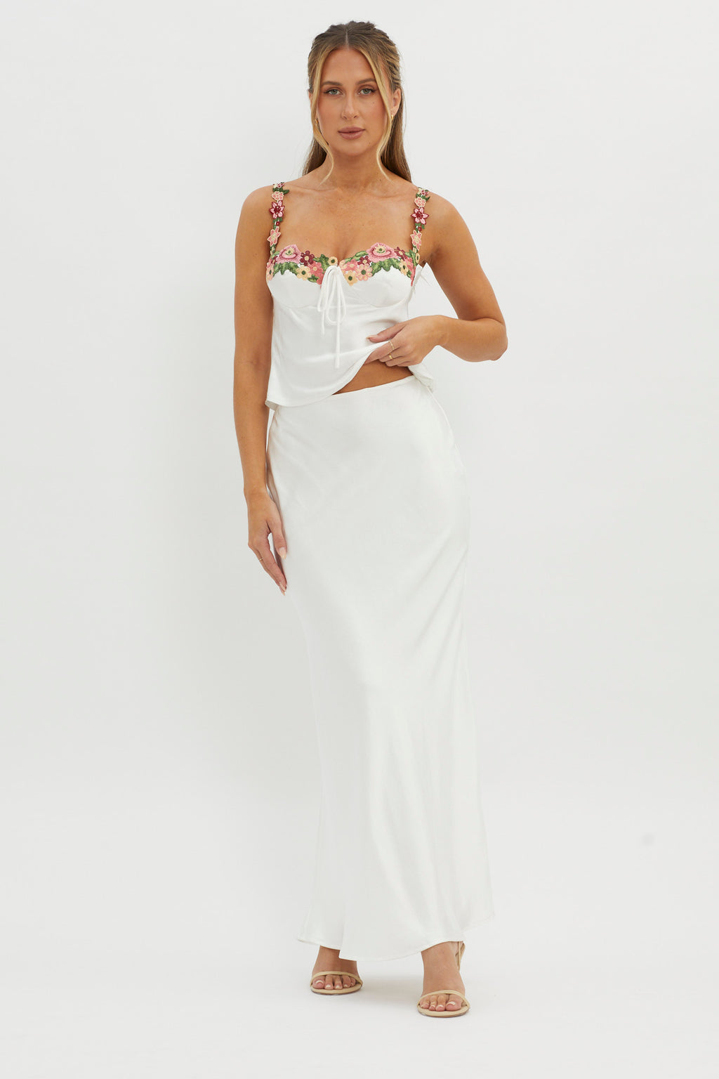 Rose Garden Satin Maxi Skirt White by Selfie Leslie