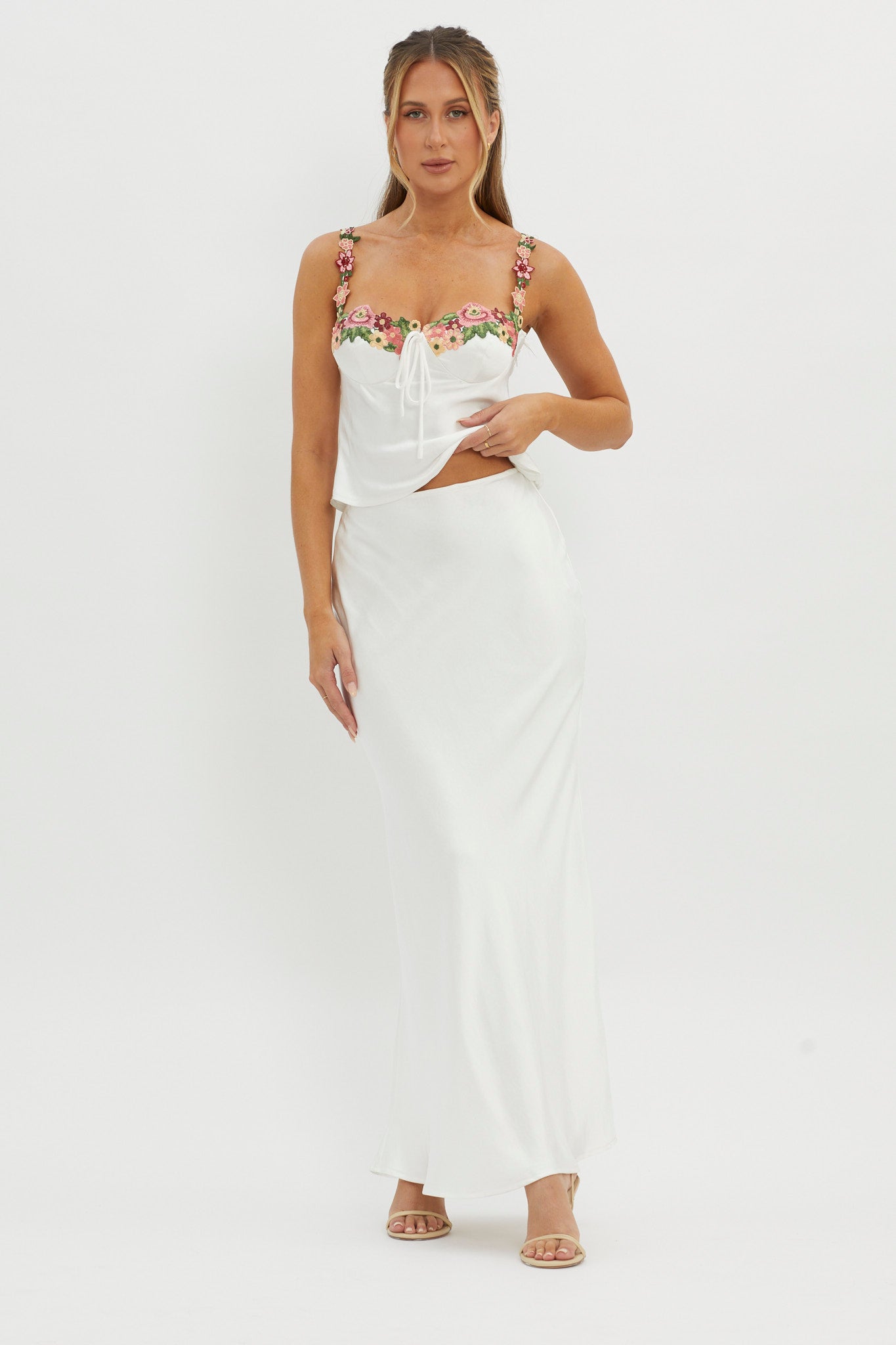 Rose Garden Satin Maxi Skirt White by Selfie Leslie
