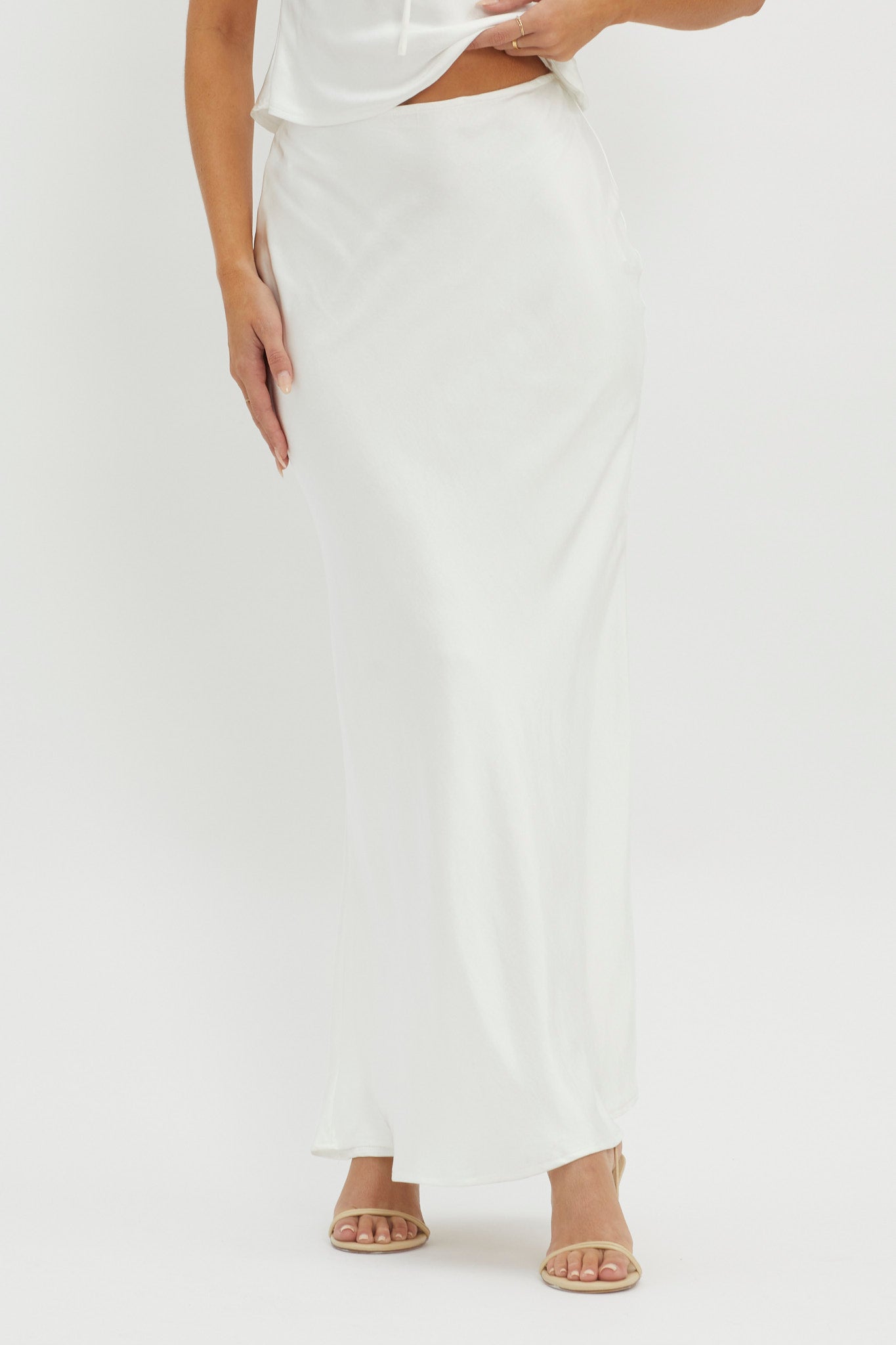 Rose Garden Satin Maxi Skirt White by Selfie Leslie