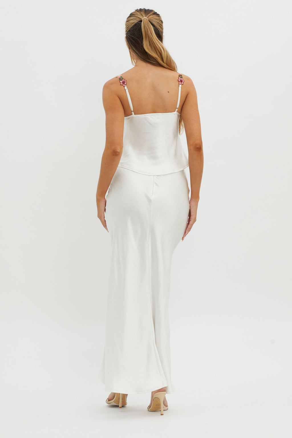 Rose Garden Satin Maxi Skirt White by Selfie Leslie