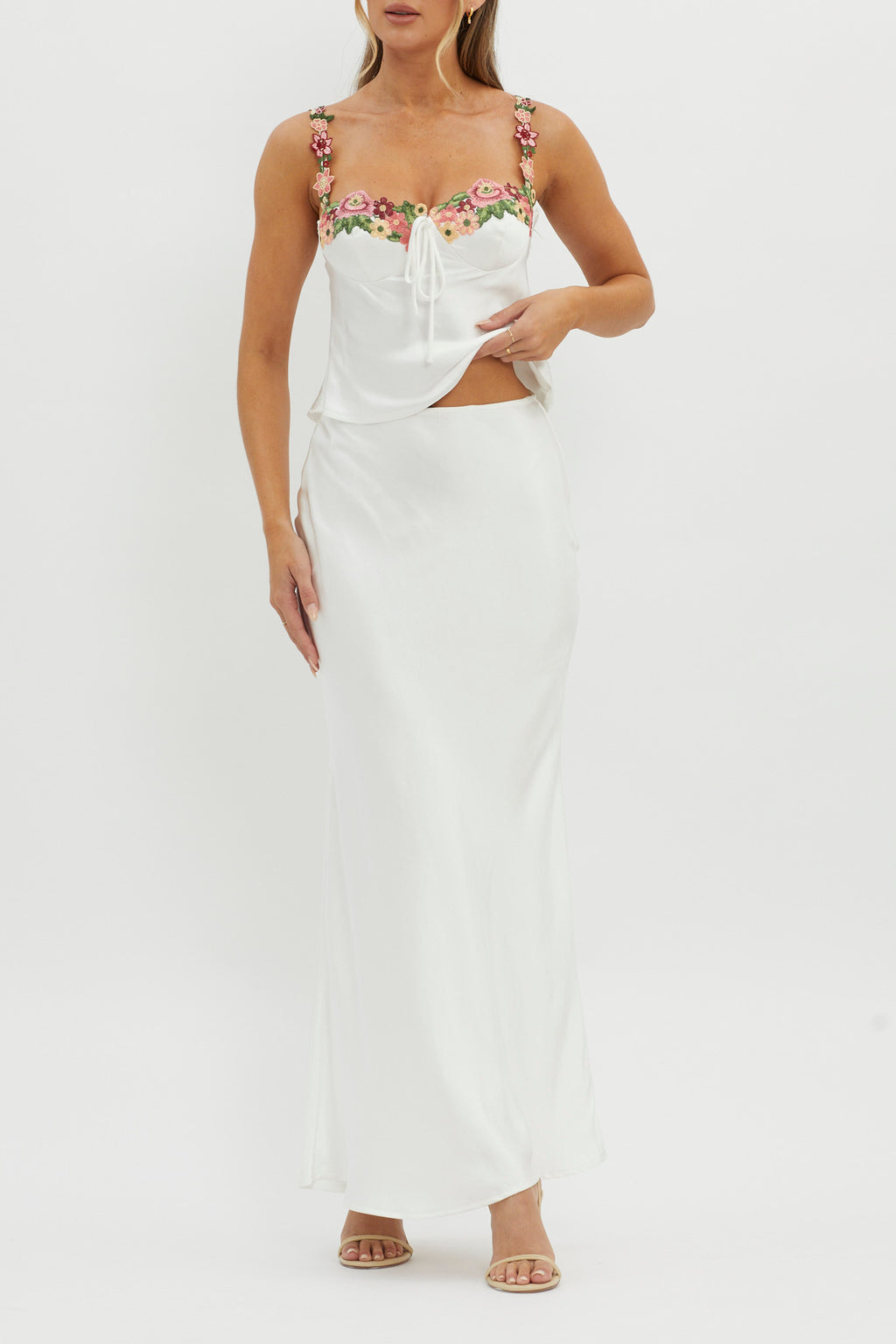Rose Garden Satin Maxi Skirt White by Selfie Leslie