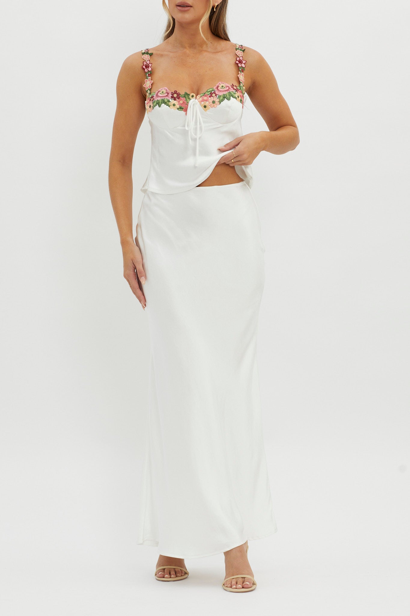 Rose Garden Satin Maxi Skirt White by Selfie Leslie