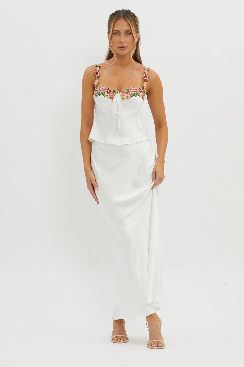 Rose Garden Satin Maxi Skirt White by Selfie Leslie