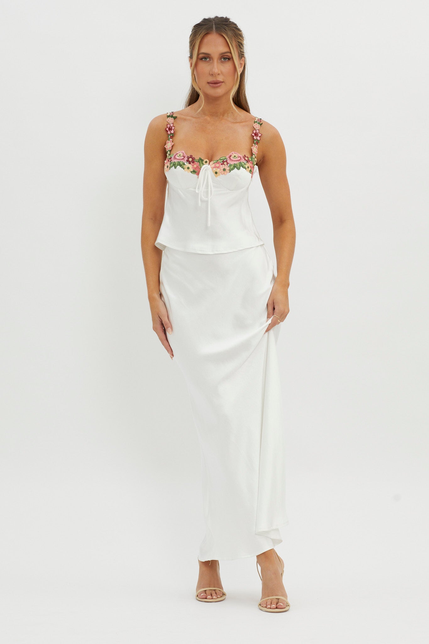 Rose Garden Satin Maxi Skirt White by Selfie Leslie