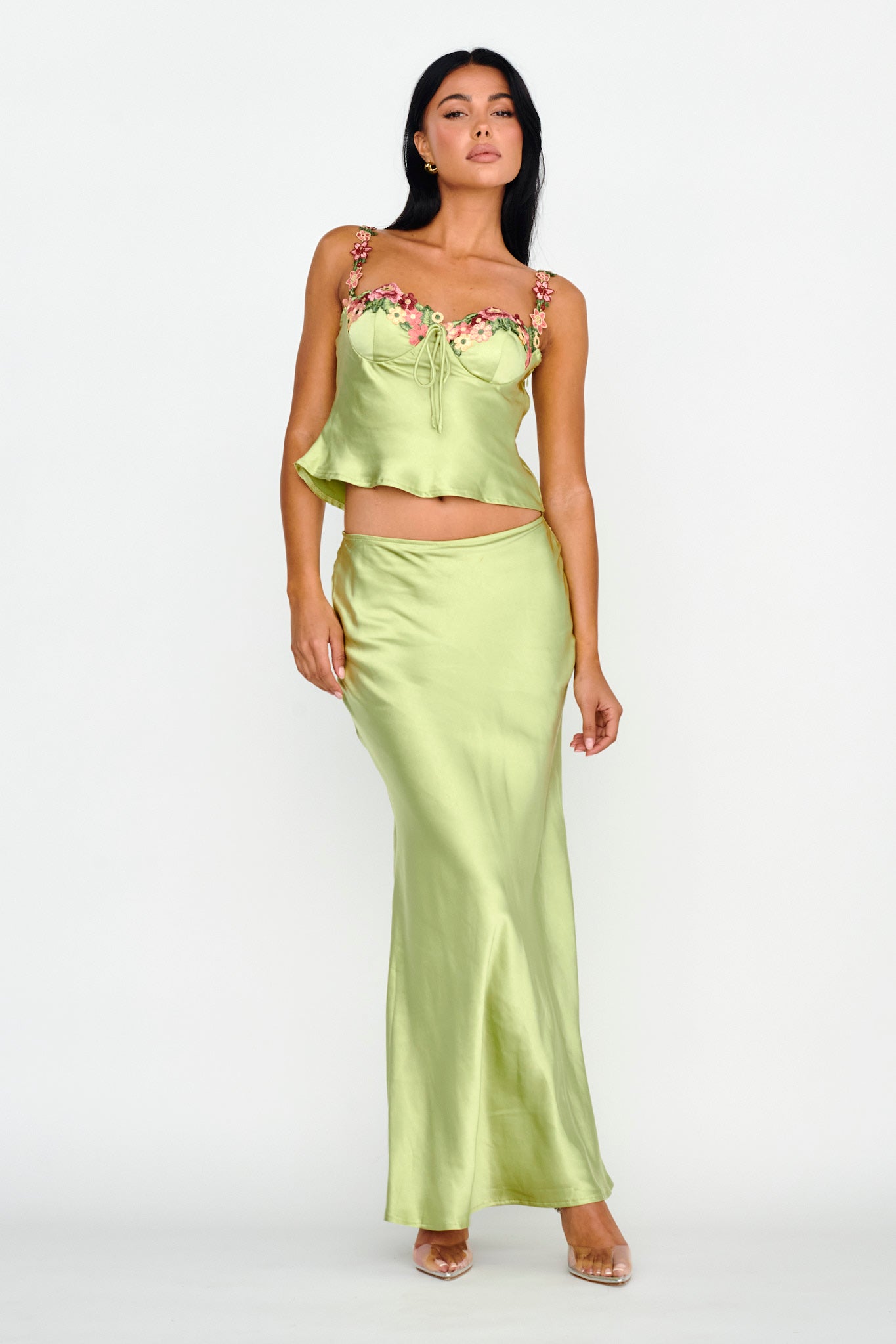 Rose Garden Satin Maxi Skirt Lime by Selfie Leslie