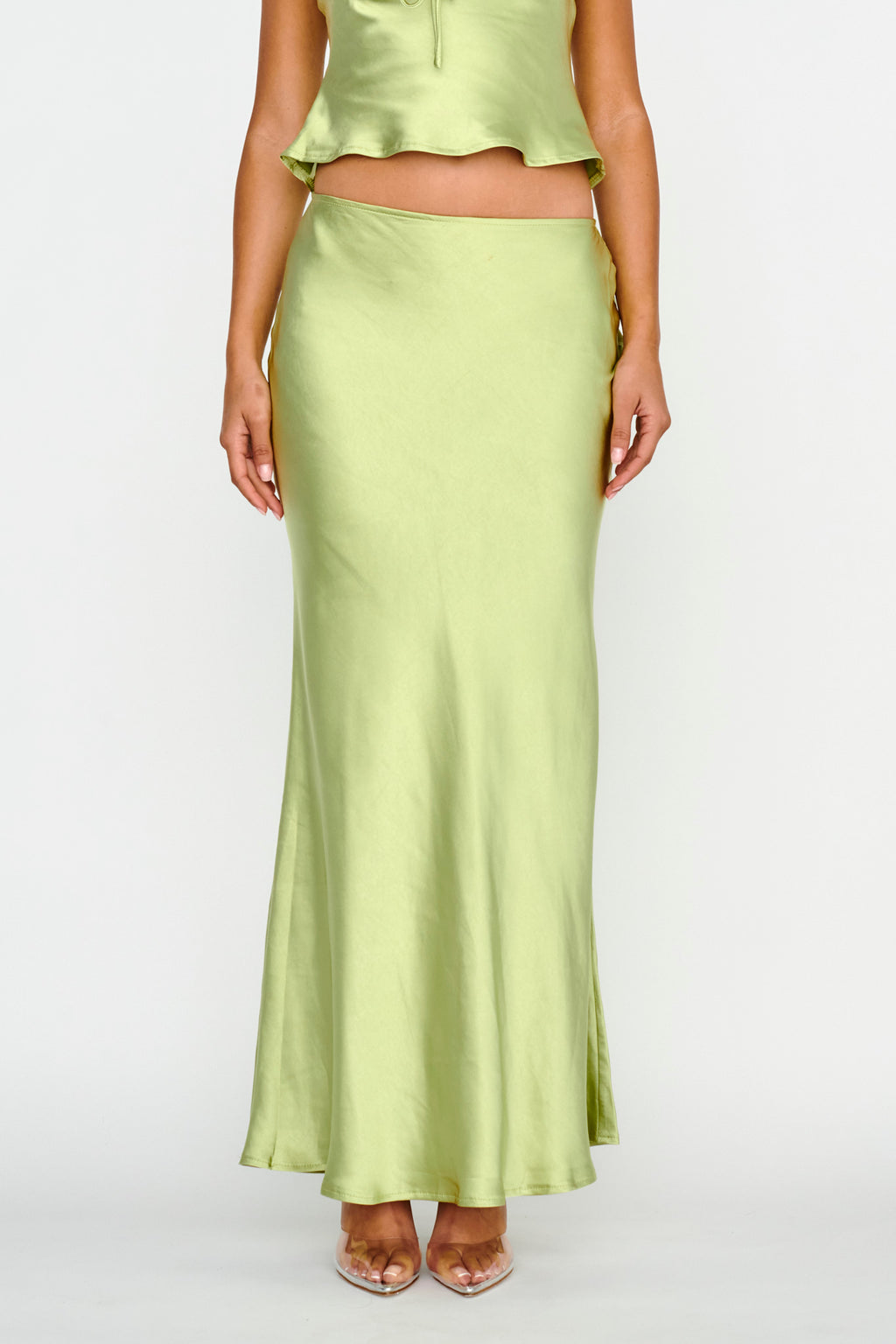 Rose Garden Satin Maxi Skirt Lime by Selfie Leslie