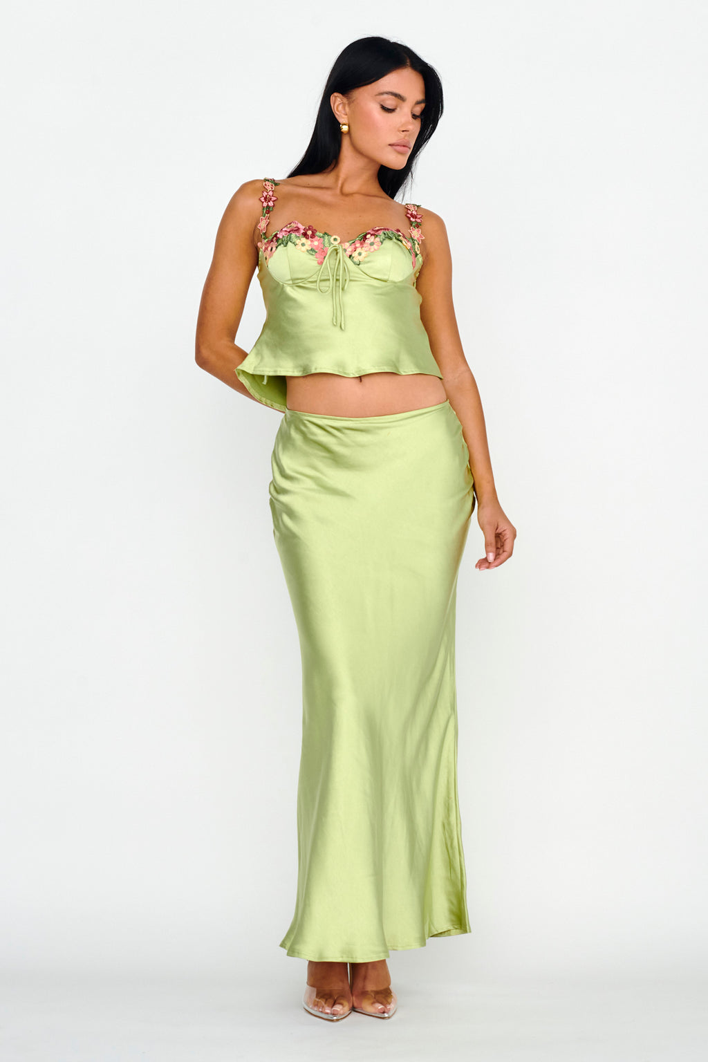 Rose Garden Satin Maxi Skirt Lime by Selfie Leslie