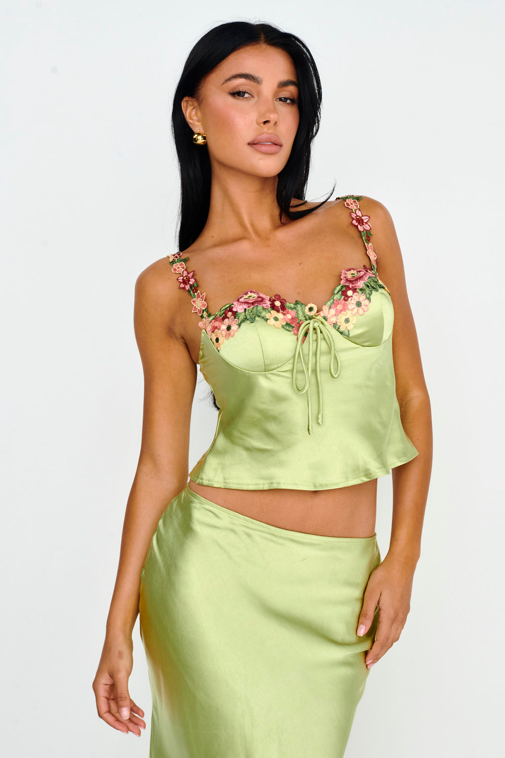 Rose Garden Floral Applique Cami Top Lime by Selfie Leslie