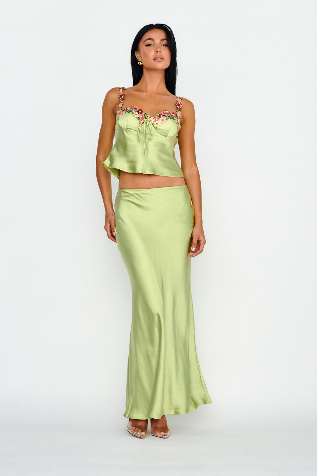 Rose Garden Floral Applique Cami Top Lime by Selfie Leslie