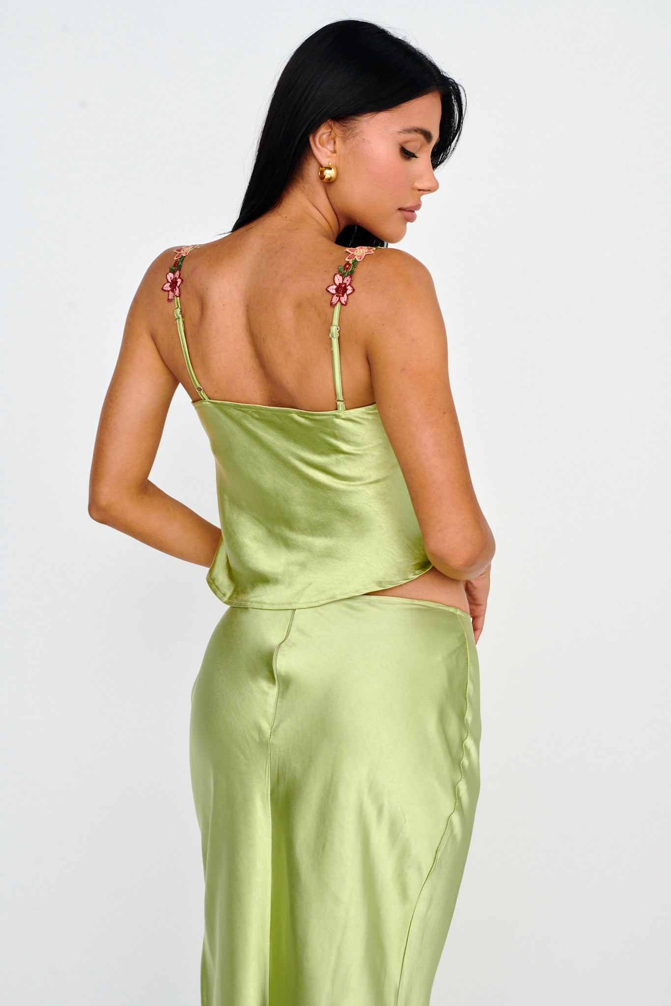 Rose Garden Floral Applique Cami Top Lime by Selfie Leslie