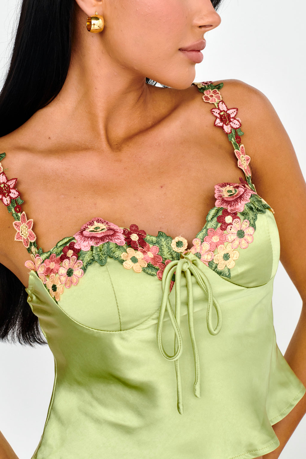 Rose Garden Floral Applique Cami Top Lime by Selfie Leslie