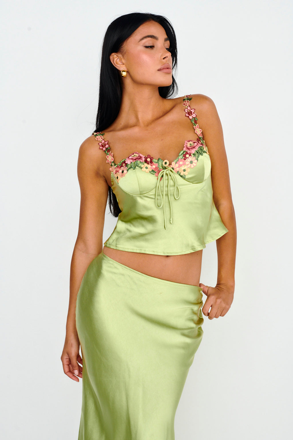 Rose Garden Floral Applique Cami Top Lime by Selfie Leslie