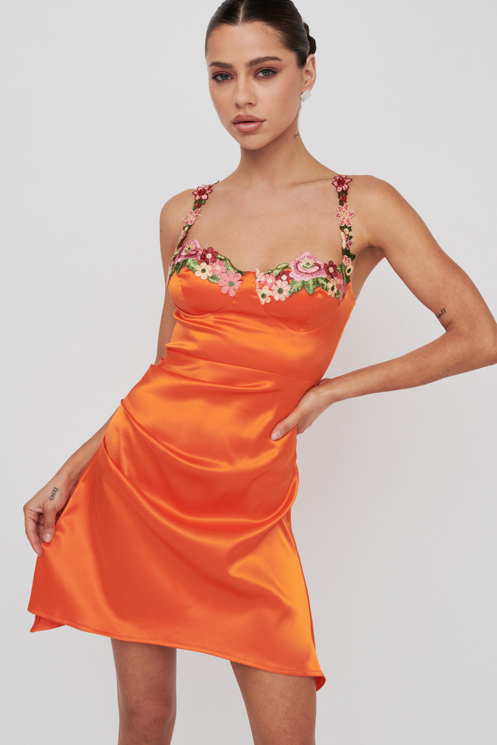 Rose Garden Floral Applique Pleat Mini Dress Orange by Selfie Leslie