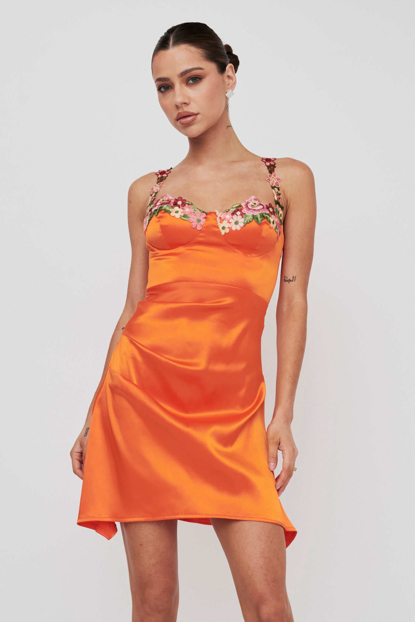 Rose Garden Floral Applique Pleat Mini Dress Orange by Selfie Leslie