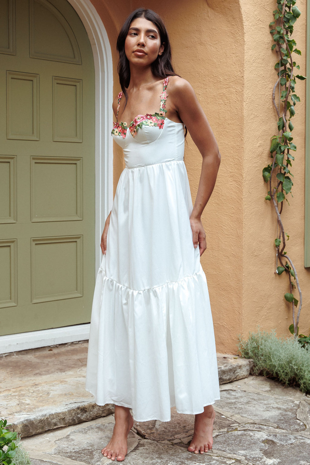 Rose Garden Floral Applique A-Line Midi Dress White by Selfie Leslie