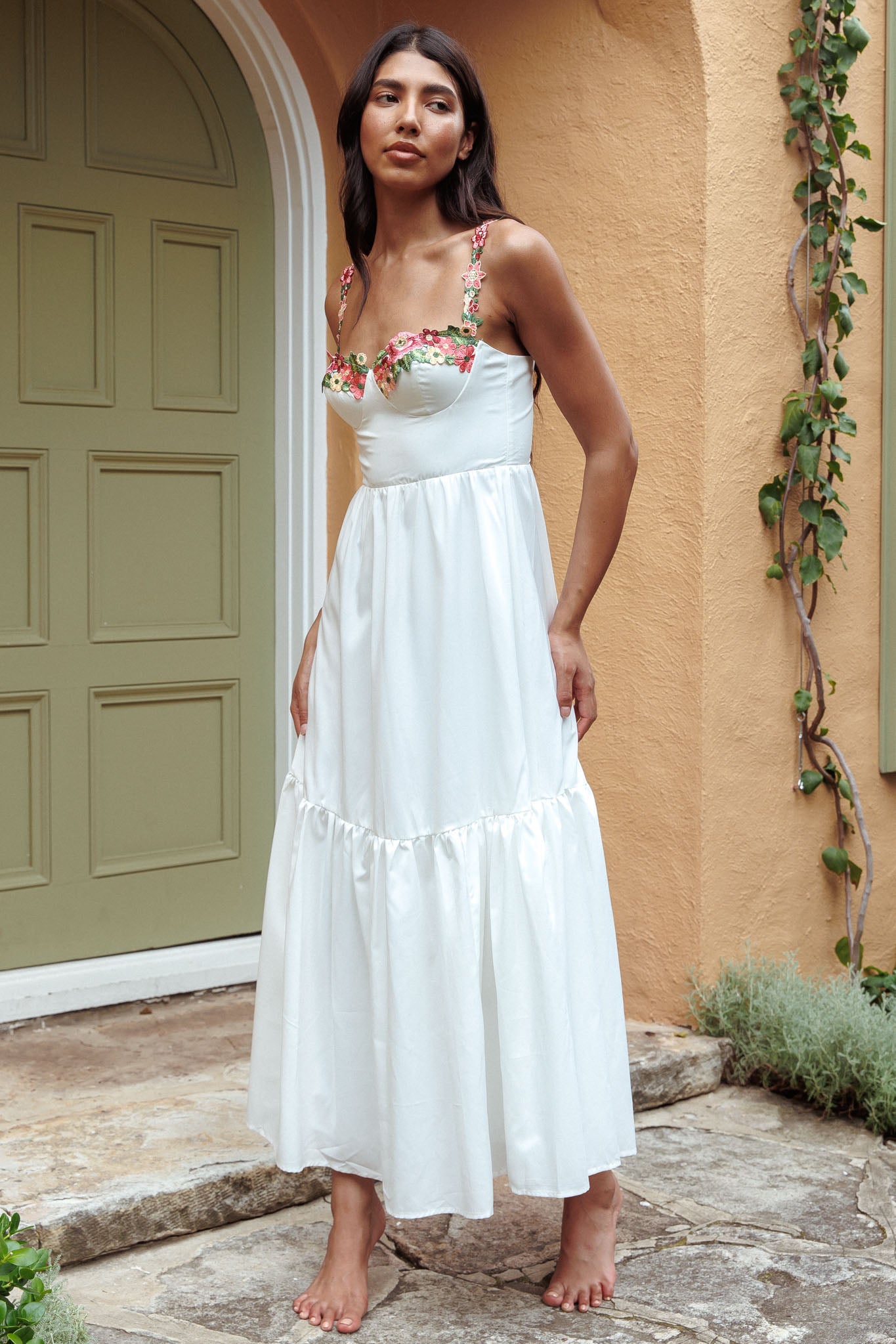 Rose Garden Floral Applique A-Line Midi Dress White by Selfie Leslie