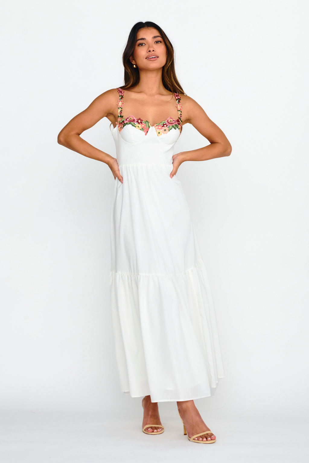 Rose Garden Floral Applique A-Line Midi Dress White by Selfie Leslie