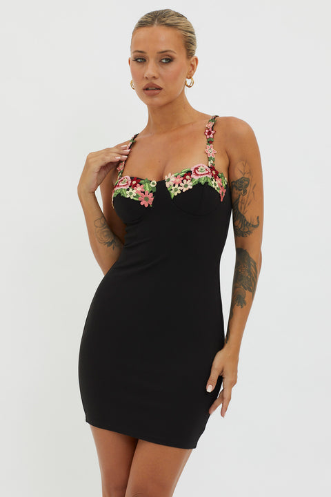 Rose Garden Floral Applique Bodycon Mini Dress Black - XS Rose Garden Floral Applique Bodycon Mini Dress Black - XS