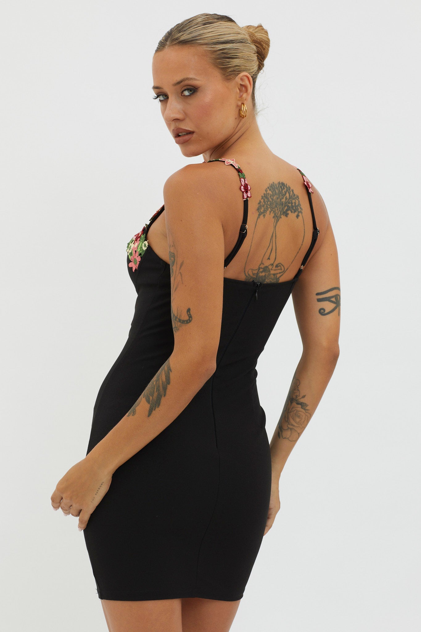 Rose Garden Floral Applique Bodycon Mini Dress Black by Selfie Leslie