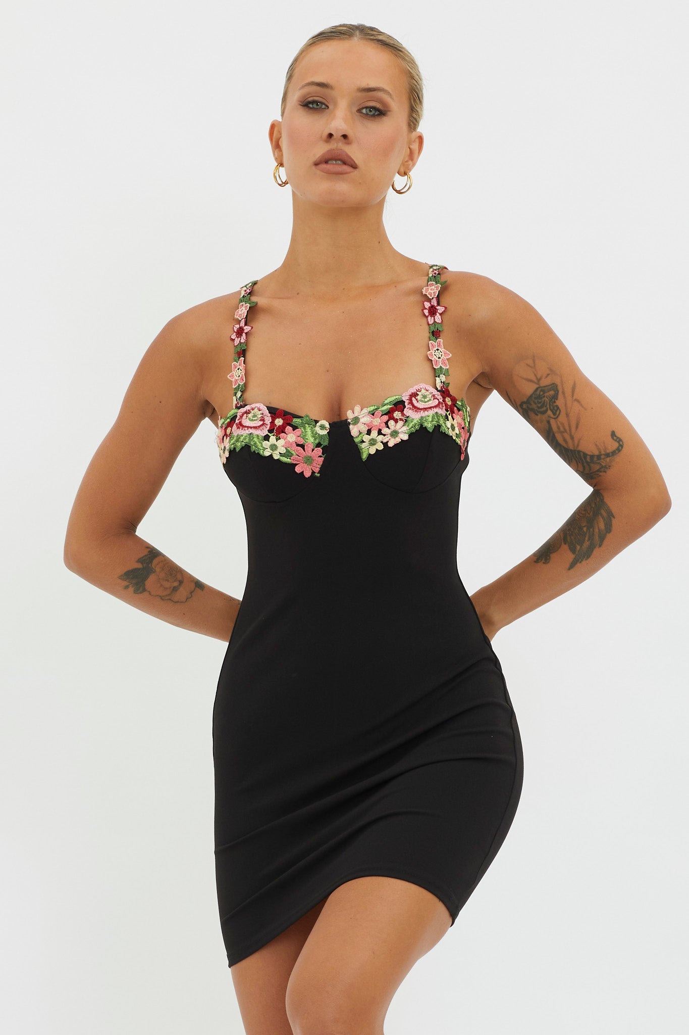Rose Garden Floral Applique Bodycon Mini Dress Black by Selfie Leslie