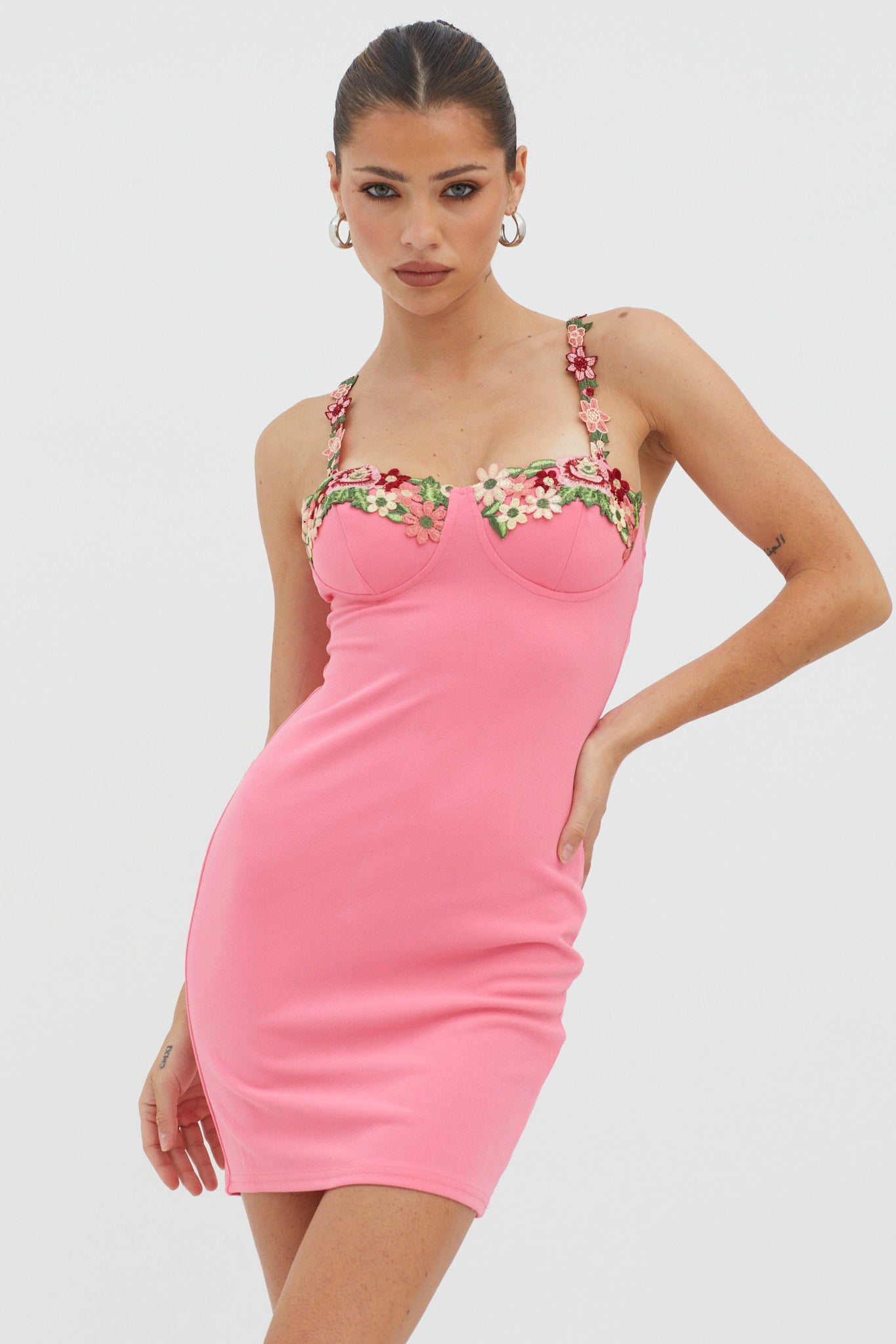 Rose Garden Floral Applique Bodycon Mini Dress Hot Pink - S Rose Garden Floral Applique Bodycon Mini Dress Hot Pink - S