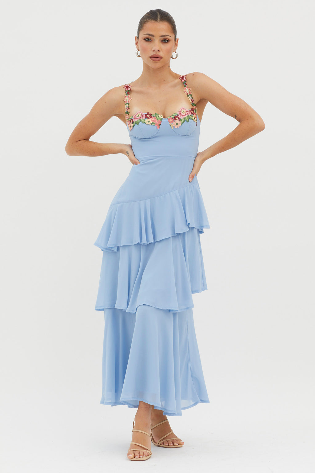 Rose Garden Tiered Ruffle Floral Trim Dress Blue - M Rose Garden Tiered Ruffle Floral Trim Dress Blue - M