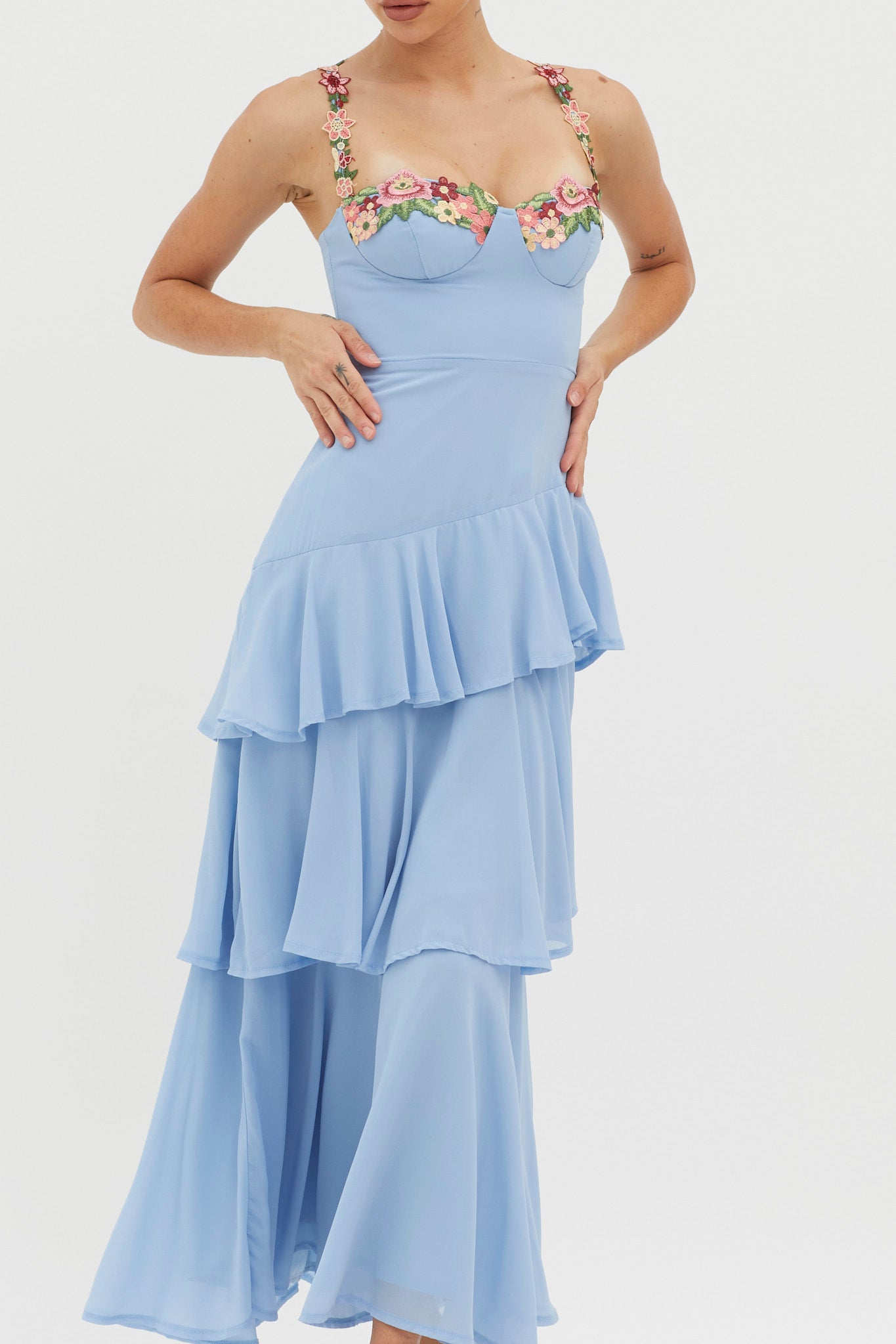Rose Garden Tiered Ruffle Floral Trim Dress Blue | Selfie Leslie Rose Garden Tiered Ruffle Floral Trim Dress Blue | Selfie Leslie