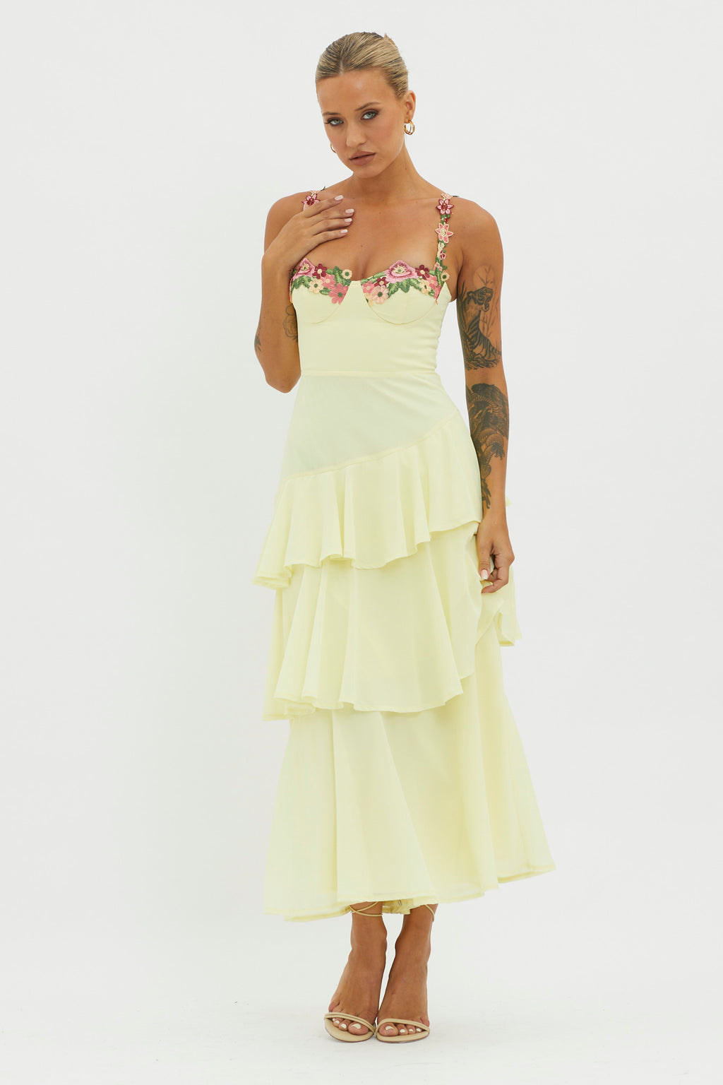 Rose Garden Tiered Ruffle Floral Trim Dress Lemon by Selfie Leslie