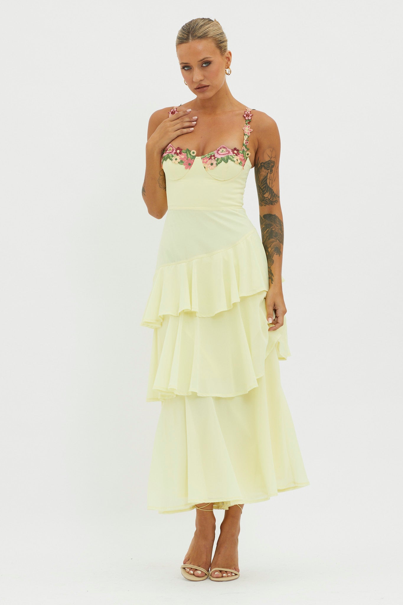 Rose Garden Tiered Ruffle Floral Trim Dress Lemon by Selfie Leslie