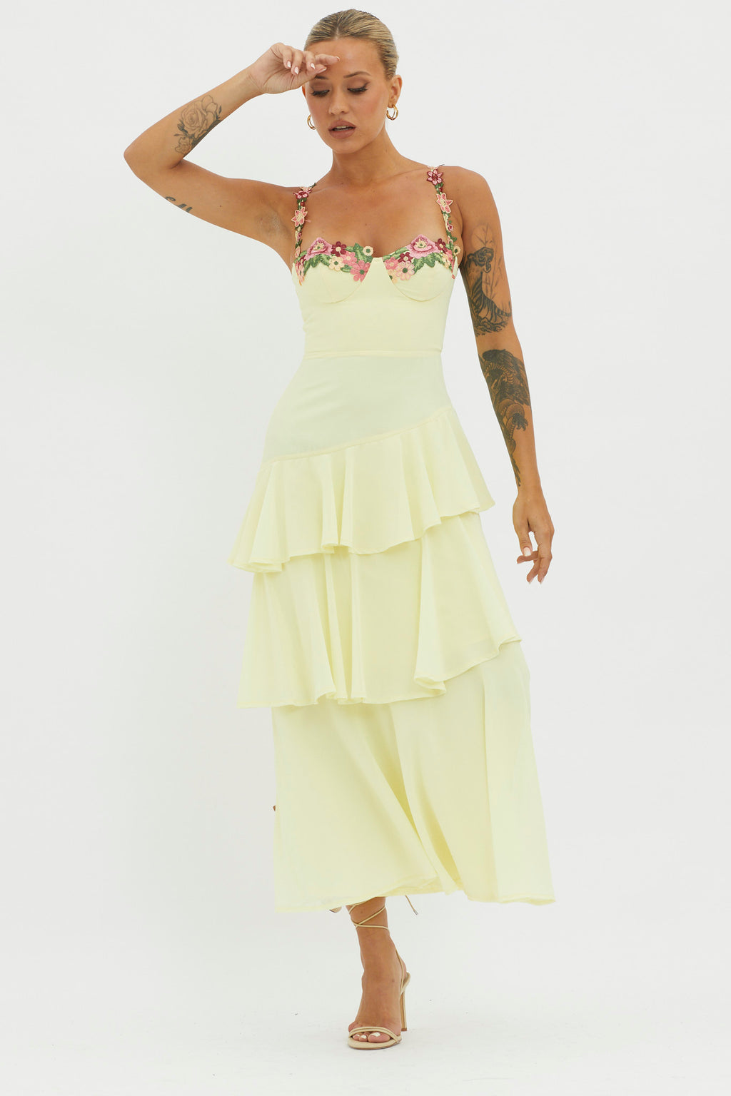 Rose Garden Tiered Ruffle Floral Trim Dress Lemon by Selfie Leslie