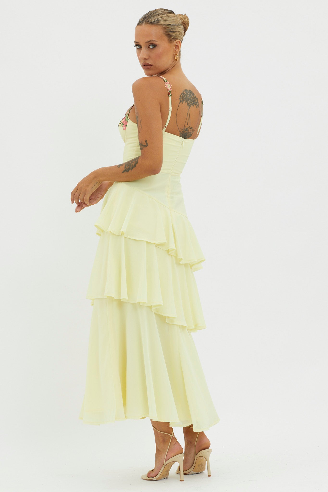 Rose Garden Tiered Ruffle Floral Trim Dress Lemon by Selfie Leslie