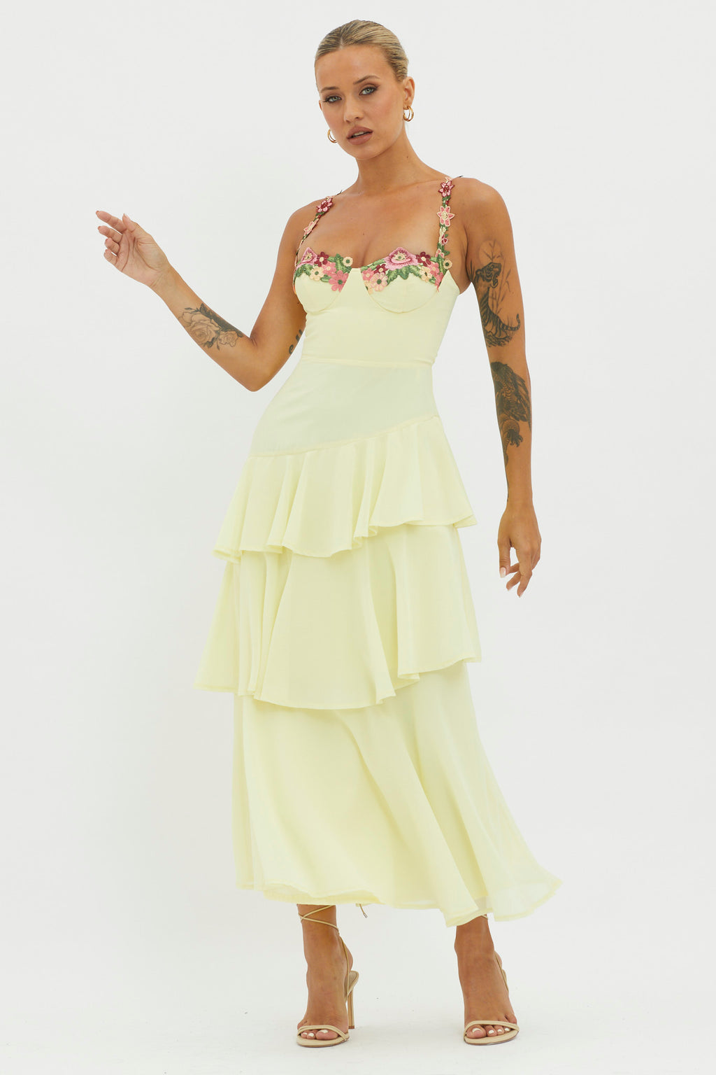 Rose Garden Tiered Ruffle Floral Trim Dress Lemon by Selfie Leslie