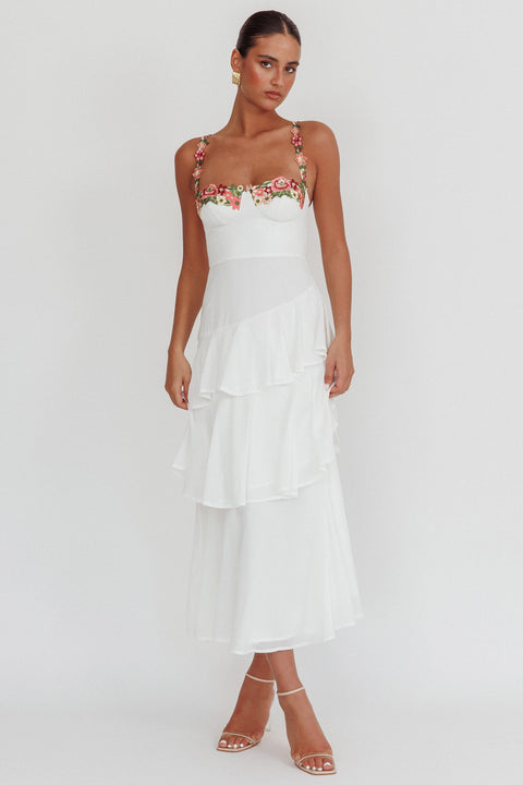 Rose Garden Tiered Ruffle Floral Trim Maxi Dress White– Selfie Leslie