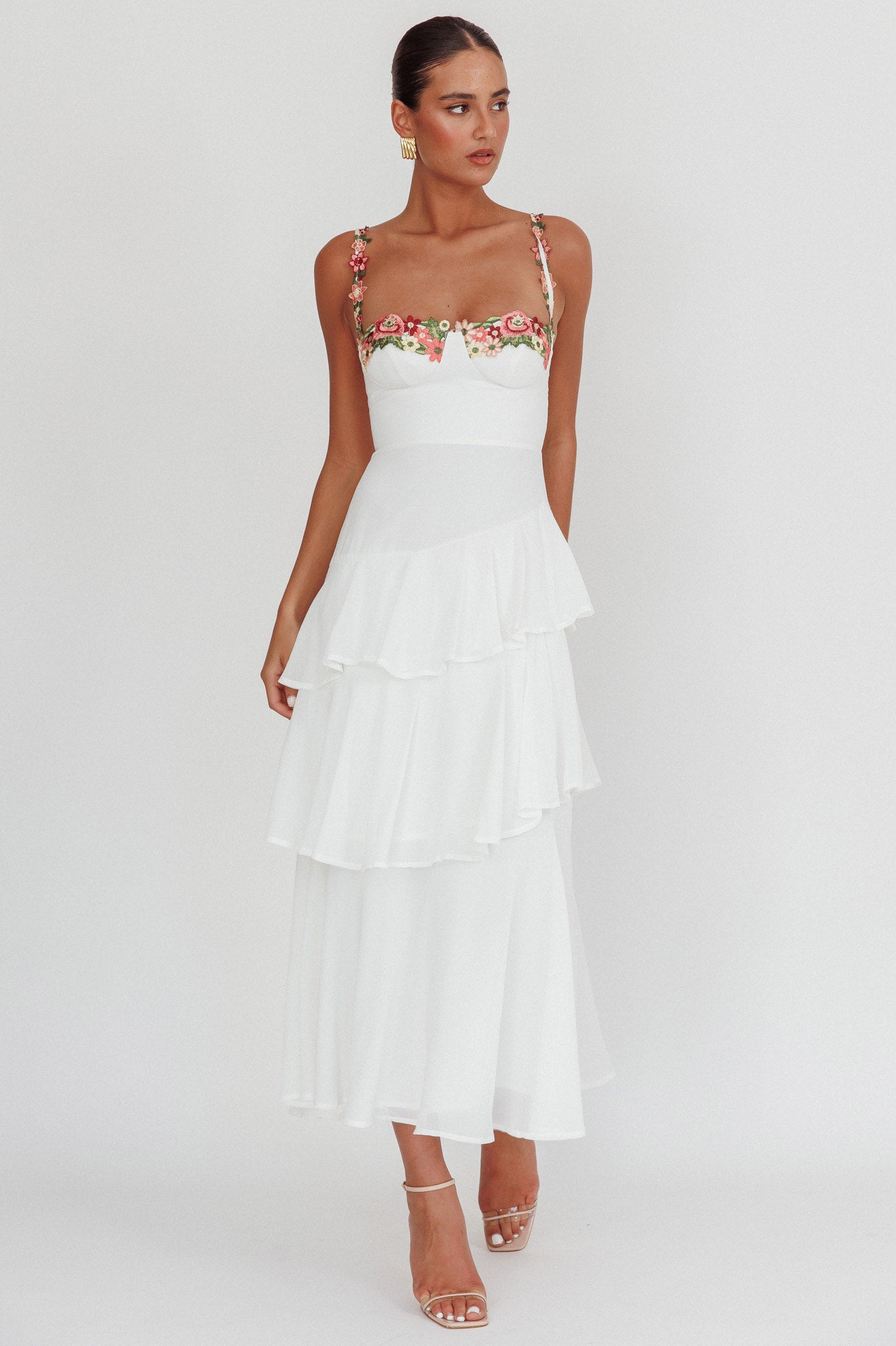 fitted lace wedding dress Rose Garden Tiered Ruffle Floral Trim Maxi Dress White Selfie Leslie fitted lace wedding dress Rose Garden Tiered Ruffle Floral Trim Maxi Dress White Selfie Leslie