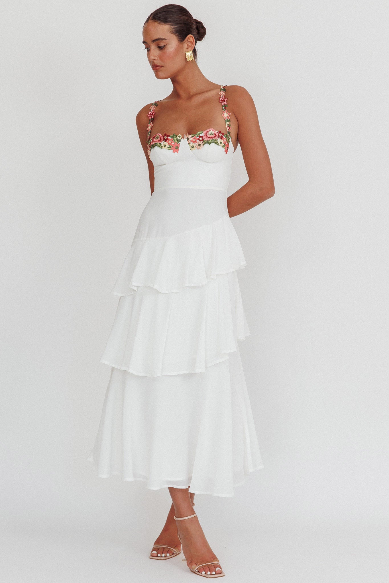 Rose Garden Tiered Ruffle Floral Trim Maxi Dress White by Selfie Leslie