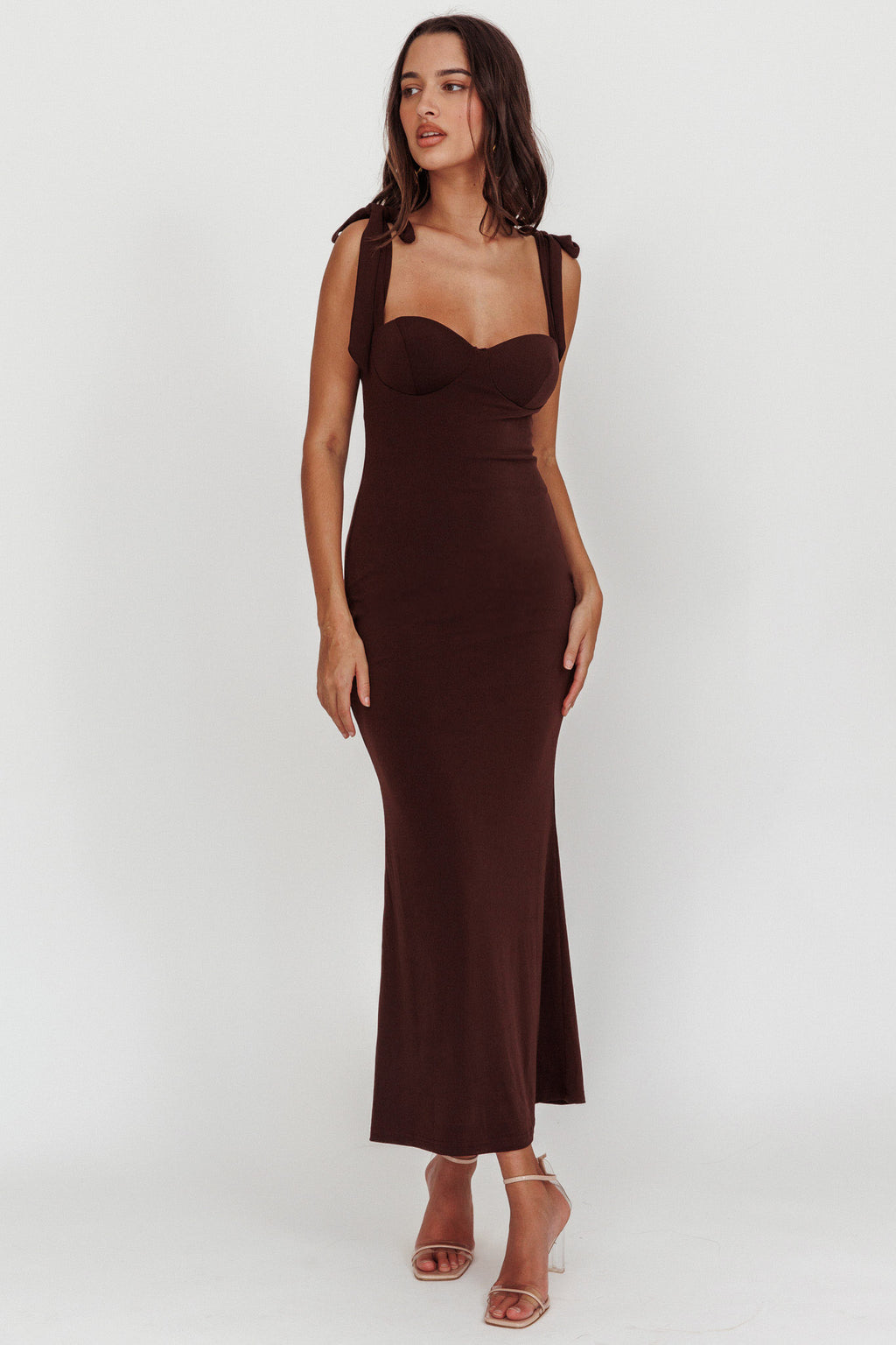 Rose Garden Tied Shoulder Maxi Dress Brown Rose Garden Tied Shoulder Maxi Dress Brown