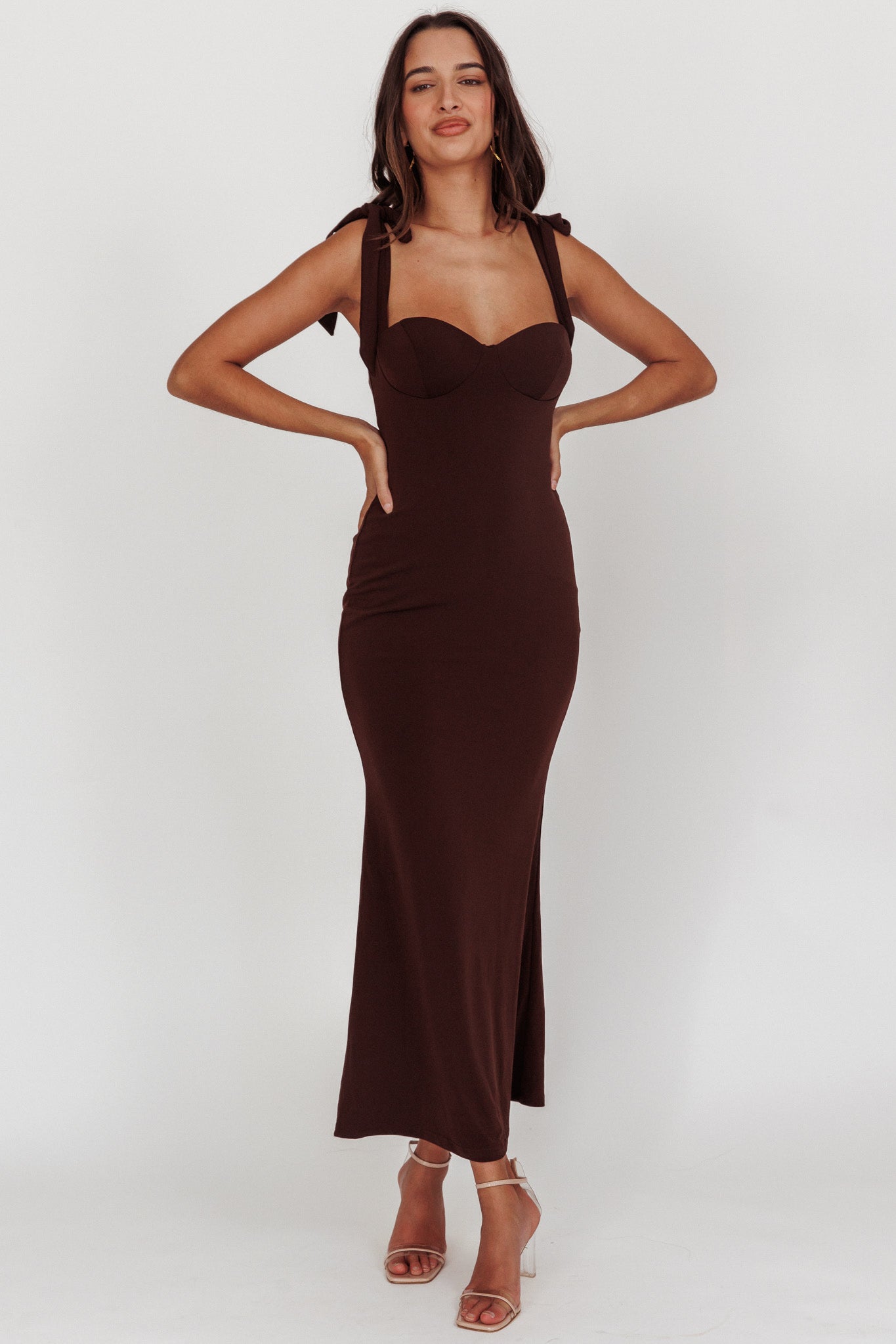 Shop the Rose Garden Tied Shoulder Maxi Dress Brown