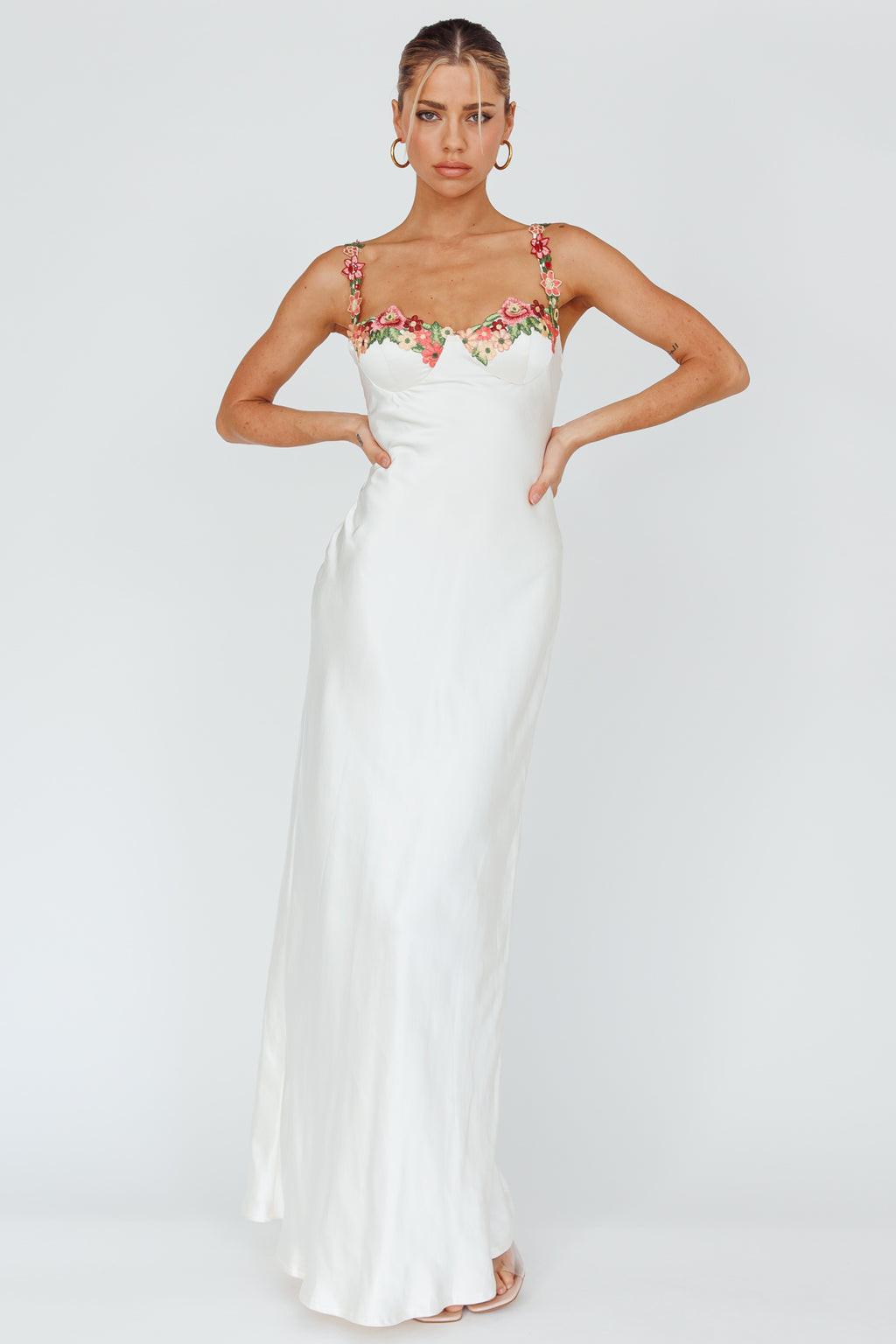 Rose Garden Floral Applique Midi Dress Oyster by Selfie Leslie