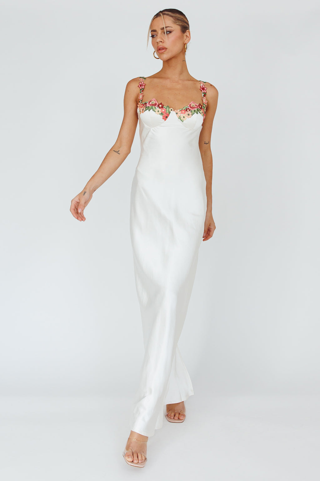 Rose Garden Floral Applique Midi Dress Oyster by Selfie Leslie