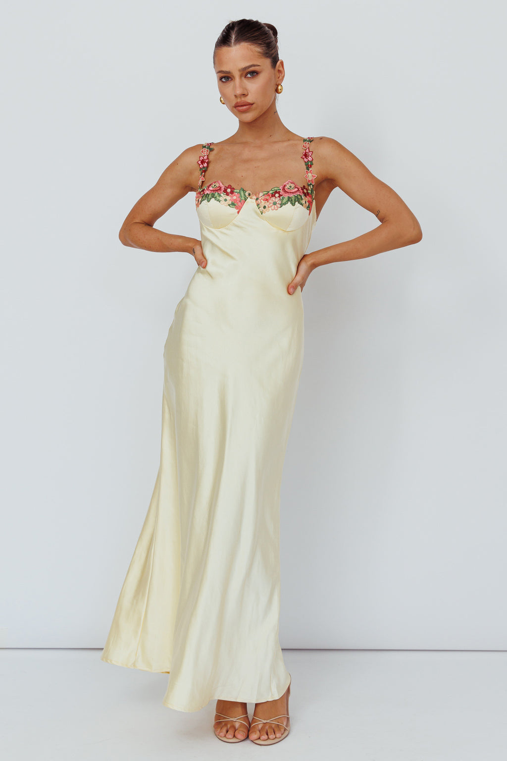 Rose Garden Floral Applique Midi Dress Yellow by Selfie Leslie